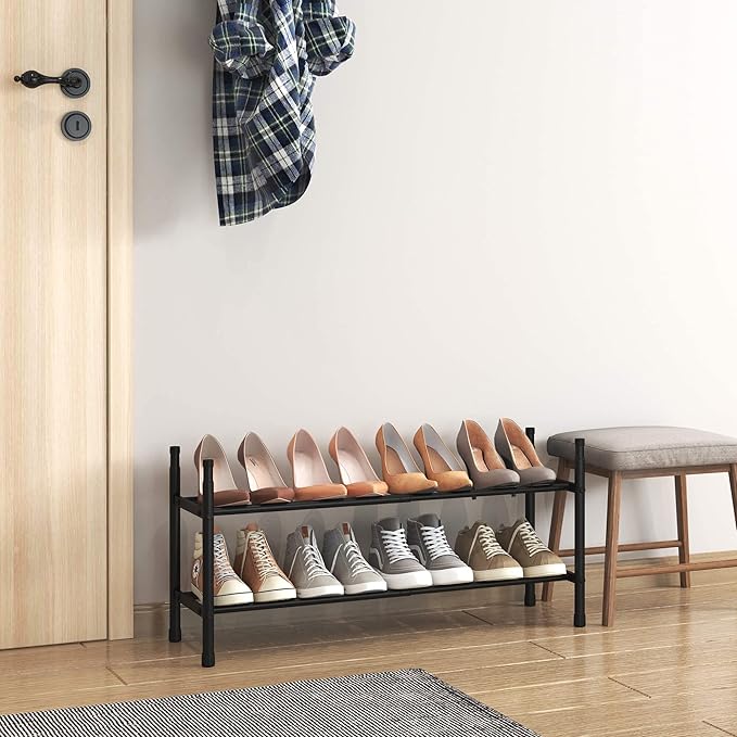 TZAMLI 2-Tier Shoe Rack for Closet, Expandable and Stackable Shoe Organizer Adjustable Metal Shoe Storage Small Shoe Shelf for Entryway Entrance, Black