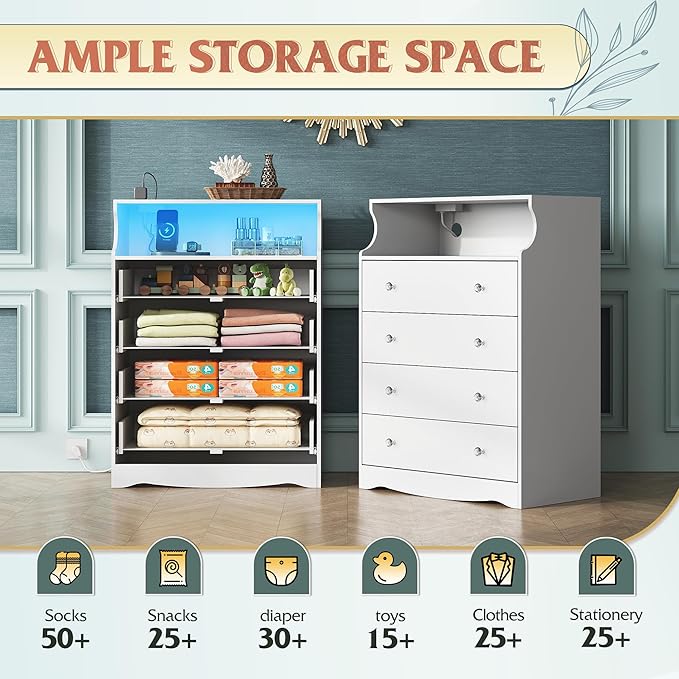 WLIVE White LED Dresser for Bedroom, Tall Wood Dresser with 4 Drawers and Open Shelf, Chest of Drawers with Charging Station and LED Lights for Living Room, Hallway, Closet