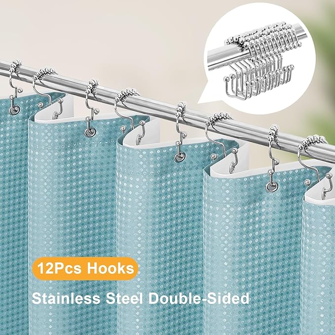 3 in 1 Shower Curtain Set, Teal Blue Waffle Shower Curtain and PEVA Liner Set with 12 Stainless Steel Shower Curtain Hooks, Waterproof Fabric Shower Curtains for Bathroom, 72 W x 72 H