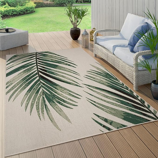 Outdoor Rug Beige Green with Floral Palm Leaf Design Waterproof, Size: 3'11" x 5'7"