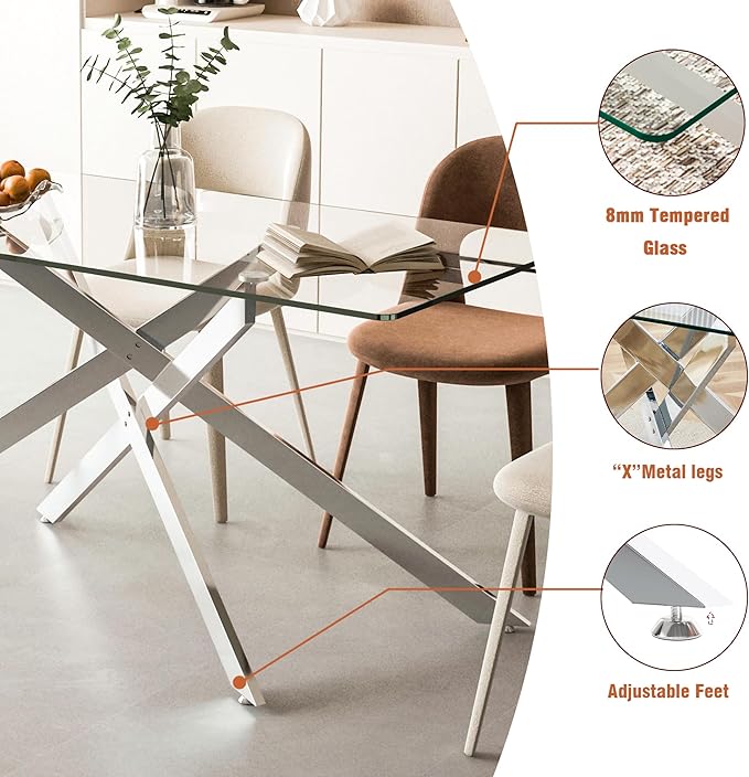 60.6'' Tempered Glass Dining Table for 4-6 People, Rectangle Kitchen Table with X-Base Metal Legs, Adjustable Feet, Glass Top Desk for Home Office Silver Dining Room Table for 6