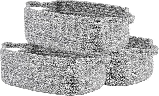 KALLAX Small Woven Basket, 12 x 8 x 4.5 Inches, Small Storage Baskets for Organizing, Gift Baskets Empty, Cute Rope Shelf Closet Storage Bins for Shelves, Dog Toy Basket, 3 Packs, Mixed Grey
