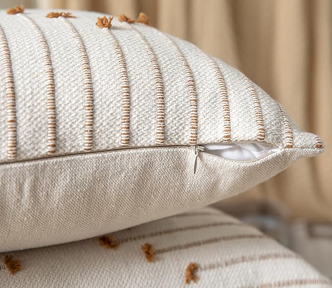 Caflife Boho Throw Pillow Covers 18x18 Set of 2 Decorative Pillows for Bed, Neutral Pillow Covers Beige with Brown Line Throw Pillows for Modern Farmhouse Couch Sofa Living Room Outdoor