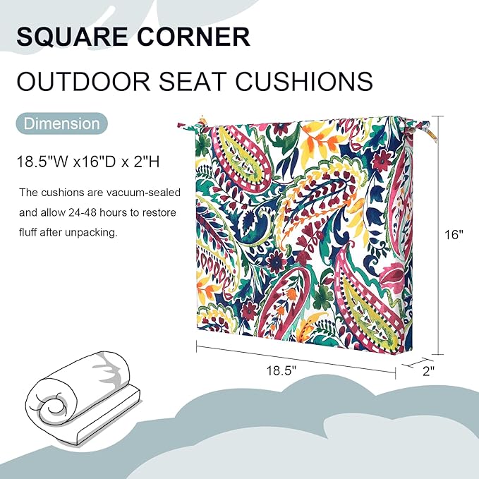 Set of 2 Outdoor Square Chair Cushions 18.5"x16"x2" for Patio, Water Resistant Patio Dining Seat Pads Replacement for Kitchen Garden and Outdoor Furniture Decoration - Vigour Paisley