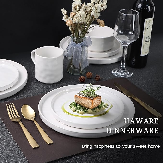 HaWare Dinnerware Sets, 16-Piece Stoneware Plates and Bowls Set, Elegant Ceramic Dish Set for 4, Chip and Scratch Resistant, Microwave and Dishwasher Safe, Speckled White