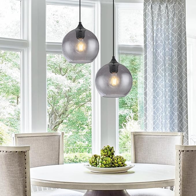 Gray Glass Pendant Lights Kitchen Island Lighting Globe Pendant Light Fixtures Modern Pendant Lighting for Kitchen Island Bedroom Living Dining Room Light Fixture-7.8in