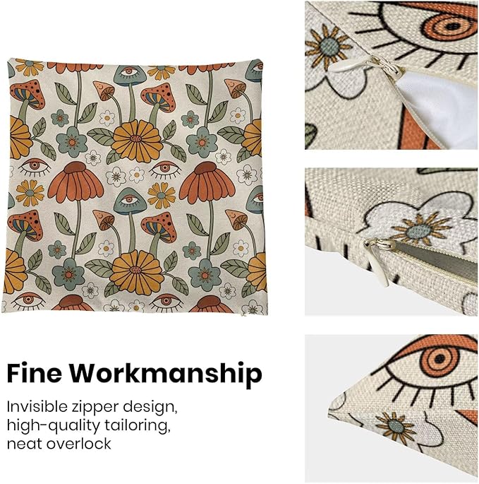 BETGINY Boho Throw Pillow Covers 24 x 24 Inch Set of 2, Yellow Orange Fun Cute Mushrooms Retro Decorative Outdoor Pillow Covers 70s Vintage Floral Linen Farmhouse for Couch Sofa Summer Home Decor