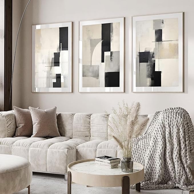 3Pcs Neutral Abstract Canvas Wall Art Pictures Modern Minimalist Posters Prints Beige Black Simple Wall Decoration for Living Room Bedroom Bathroom Office 16x24in Unframed