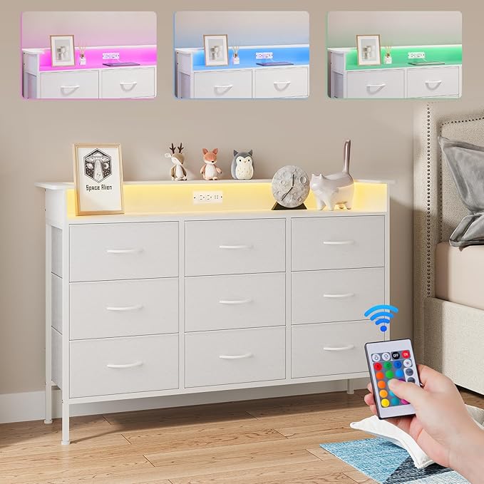 ELYKEN White Dresser with LED Light for Bedroom, Dresser with 9 Drawers and Charging Station, Fabric Chest of Drawers with PU Finish Storage Drawers for Entryway Closet Living Room Hallway Guest Room