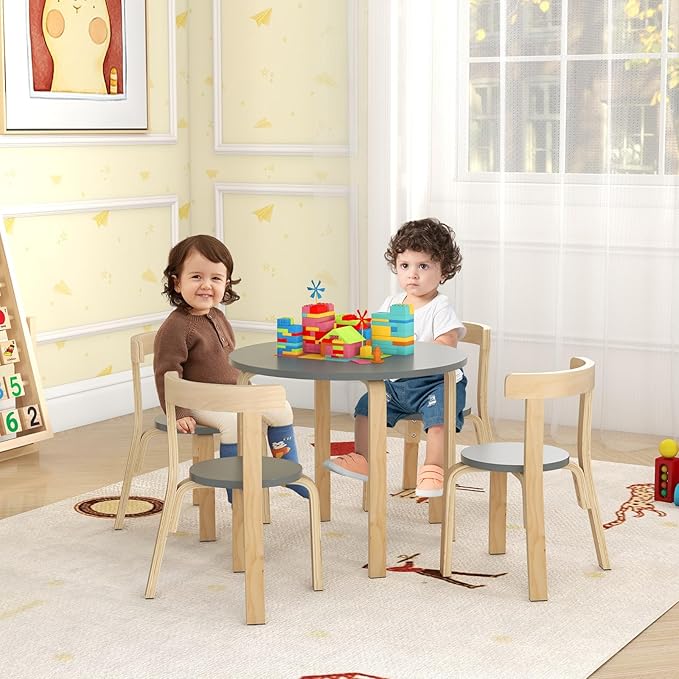 HONEY JOY Kids Table and Chair Set, Bentwood Toddler Round Table and 4 Chairs for Craft Art, Building Block, 5-Piece Children Furniture Set for Daycare, Kindergarten, Playroom (Gray)