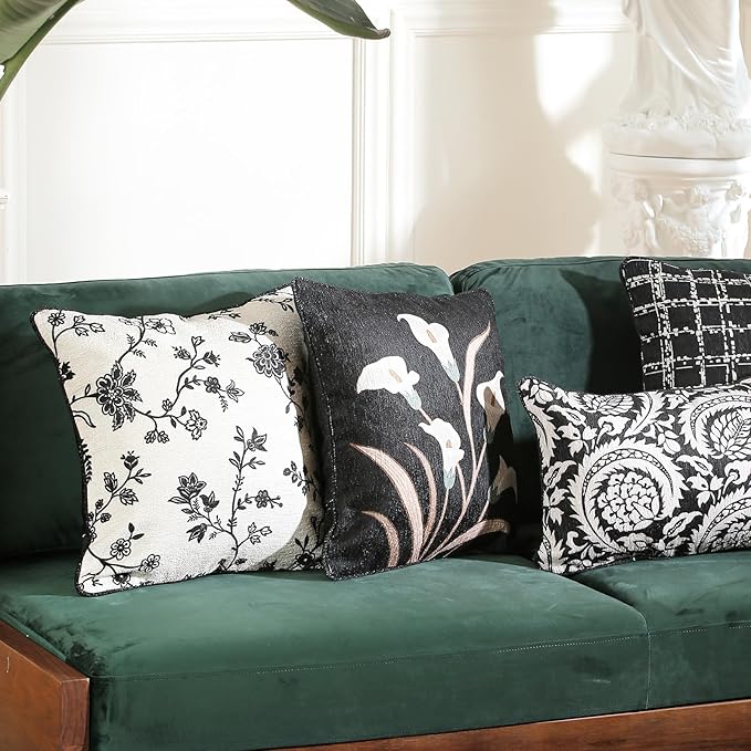 Black Throw Pillow Covers Set of 4,Elegant French with White Floral Pattern Throw Pillow Cases,Decorative Square Lumbar Pillows for Couch Sofa Bed Chair Cushion Covers Living Room