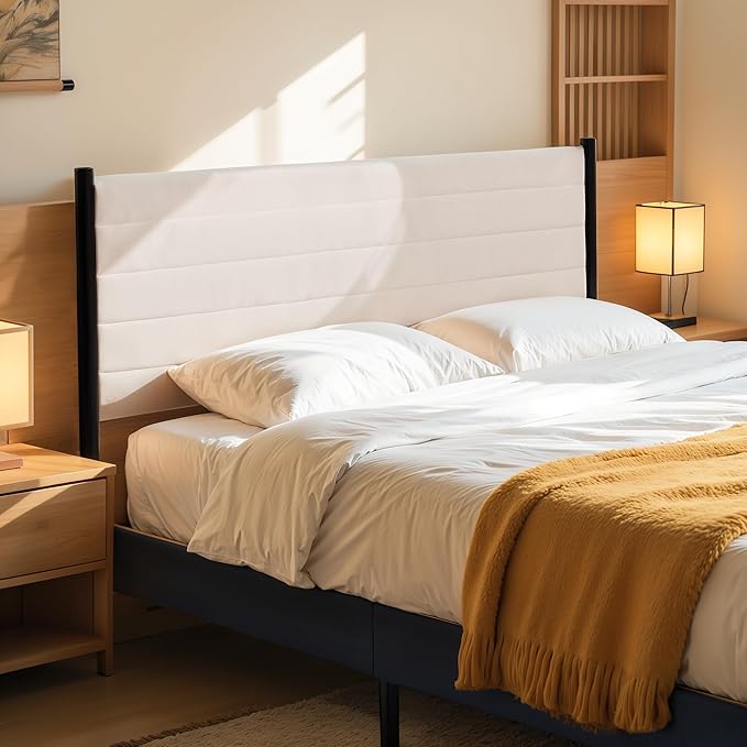 Hokway Bed Frame Upholstered Platform Bed with Headboard Wooden Slat Support No Box Spring Needed(Twin, Beige)