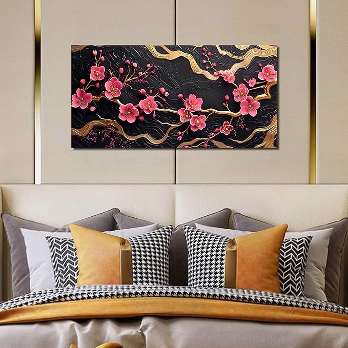 CANEITO Flower Wall Art for Bedroom, Plum Blossom Tree Canvas Wall Decor for Living Room, Red Black and Gold Picture Print Artwork for Office, Size 40 x 20 Inches