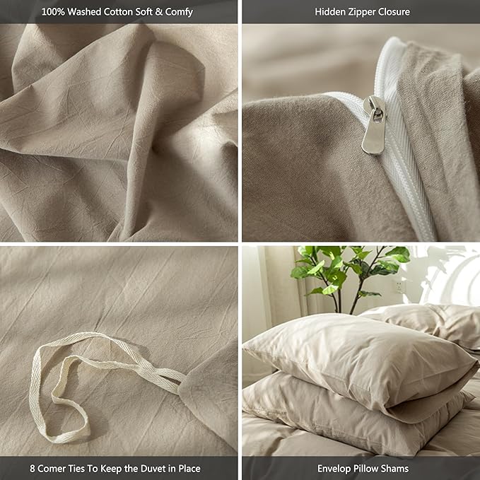 MooMee Bedding Duvet Cover Set 100% Washed Cotton Linen Like Textured Breathable Durable Soft Comfy (Solid Mocha Brown, Palatial King/Oversized King 120"x98")
