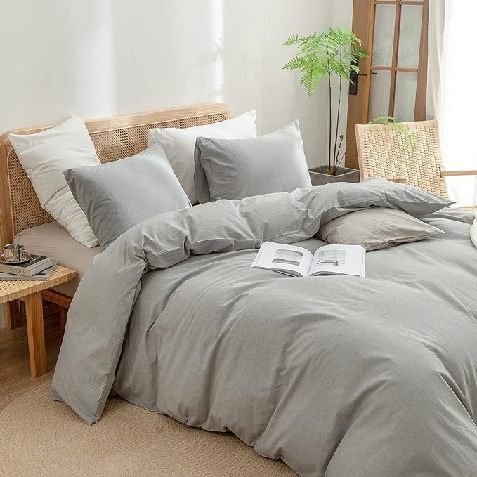 BESTOUCH Duvet Cover Set 100% Washed Cotton Linen Feel Super Soft Comfortable Chic Lightweight 2 PCs Home Bedding Set Solid Light Grey Twin/Twin XL