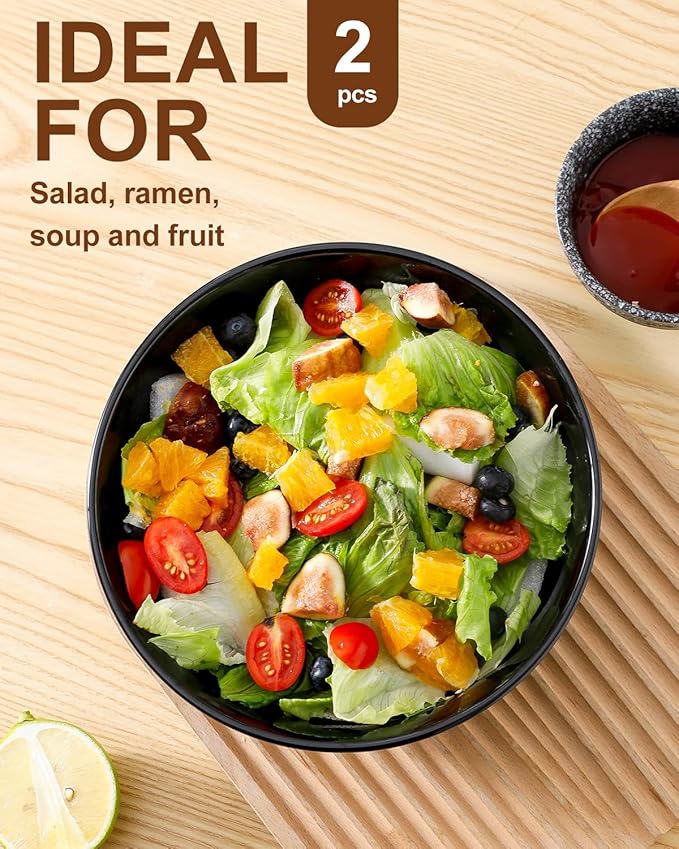 Hasense Large Serving Bowls Set of 2, 60 Oz Porcelain Salad Bowl 8 Inch for Kitchen Dining,Elegant Ribbed Ceramic Dishes for Party,Soup,Pho,Pasta,Cereal,Fruit - Dishwasher & Microwave Safe, Black