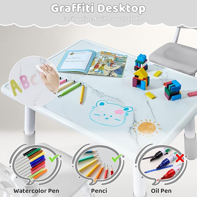 Toddler Table and 4 Chairs Set, Height Adjustable Kids Table and Chairs, 31.5''L x 23.6''W, Marble Pattern & Graffiti Desktop, Children Multi-Activity Table for Home/Daycare/Classroom