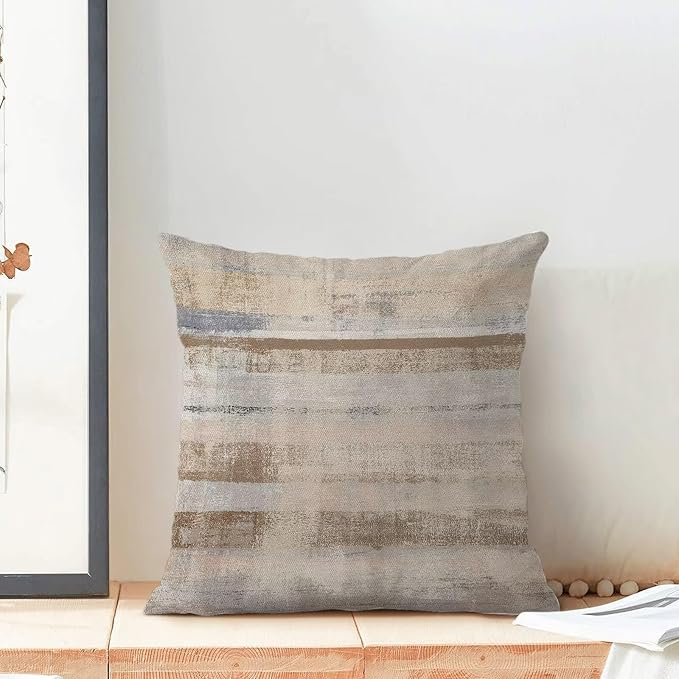 Boho Brown Grey Stripe Throw Pillow Covers 18x18 Inch Set of 2, Rustic Abstract Decorative Throw Pillow Covers Retro Stripe Linen Outdoor Cushion Cover for Sofa Couch Farmhouse Room Bed Decor