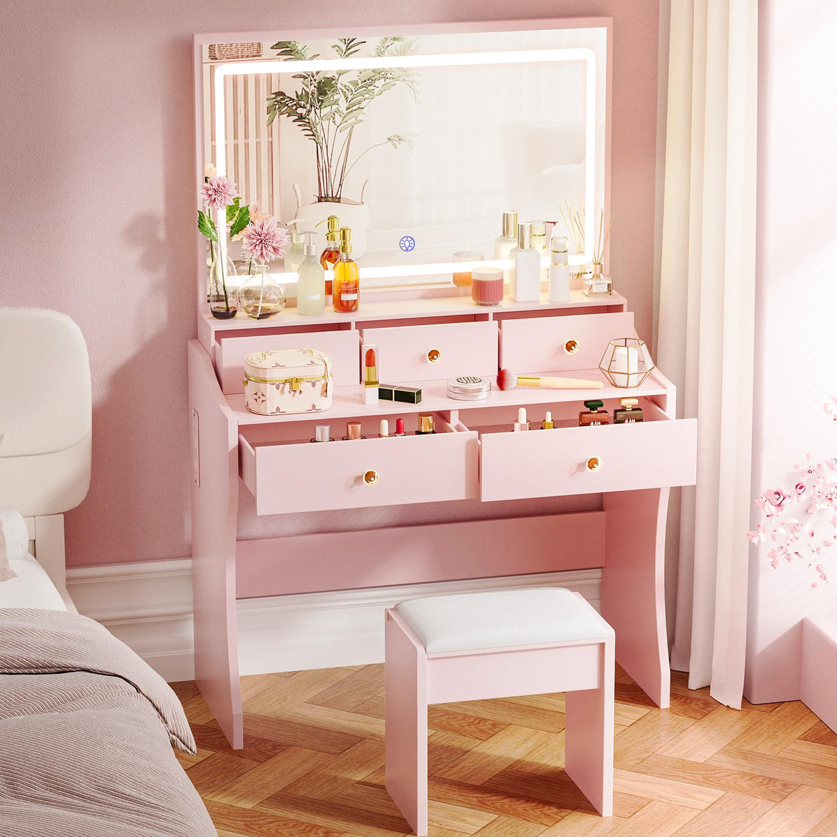 COMHOMA Vanity Desk with LED Lights Mirror & Power Outlet, Small Makeup Vanity Table Set with 5 Storage Drawers, 3 Lighting Modes & Adjustable Brightness, Dressing Table for Women Girls Bedroom, Pink