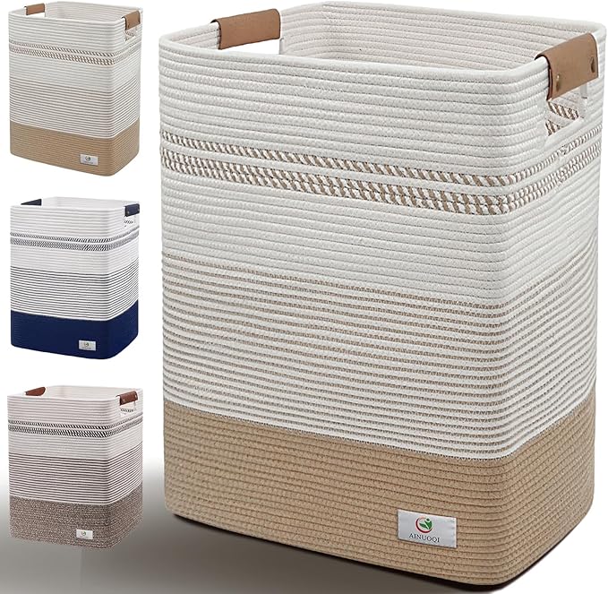 Laundry Hamper - 85L Large Laundry Basket with Leather Handles, Decorative Storage Basket for Blankets - Cotton Rope Woven Baskets for Storage, Clothes Hamper for Living Room, Jute & White