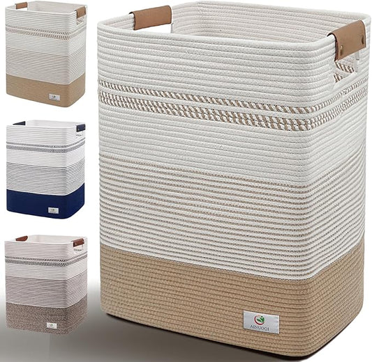 Laundry Hamper - 85L Large Laundry Basket with Leather Handles, Decorative Storage Basket for Blankets - Cotton Rope Woven Baskets for Storage, Clothes Hamper for Living Room, Jute & White