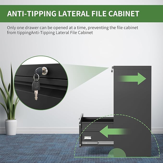 Metal Lateral File Cabinets with Lock,3 Drawer Filing Cabinets for Home Office,Storage Cabinets for Hanging Files Letter/Legal/F4/A4 (Black)