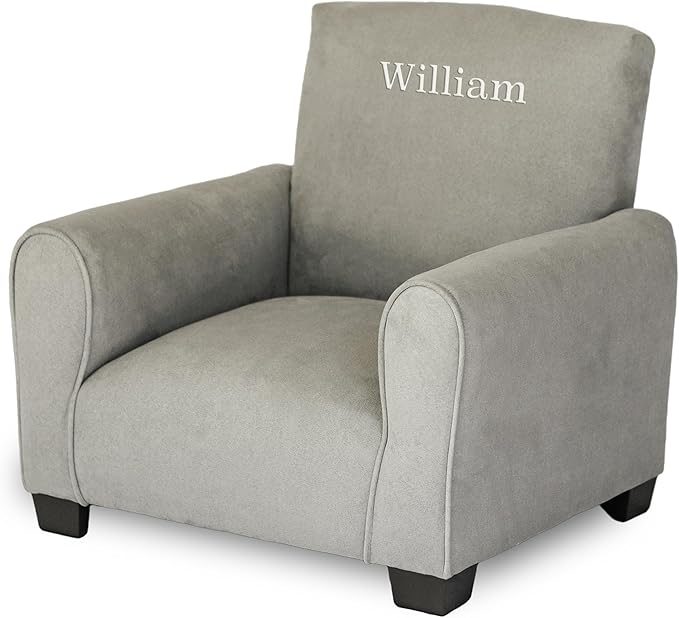 Toddler Personalized Armchair, Kids Upholstered Rocking Chair with Personalization, Toddler Chair with Personalized Name, Comfy Child Armchair, (Grey Suede, Legs)