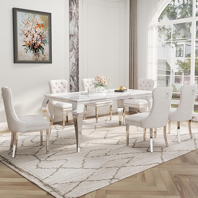 7-Piece Dining Table Set for 6, Faux Marble Dining Table Set with 70'' Marble Dinner Table and 6 Velvet Wing Back Chairs for Kitchen, Dining Room, White & Silver