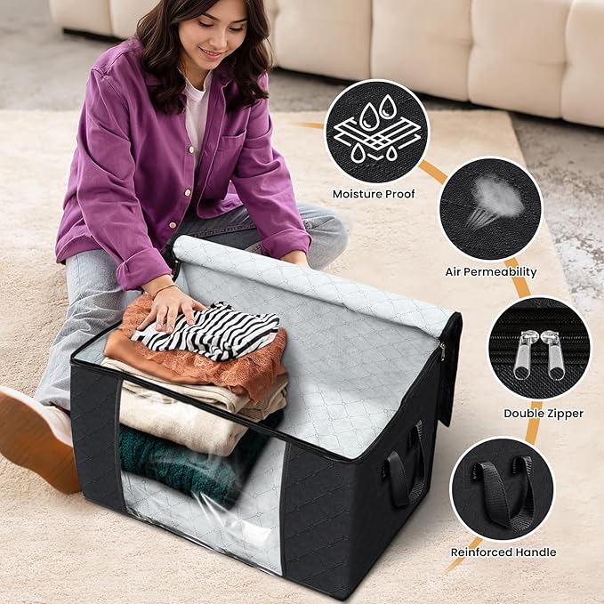 Fab totes 90L Clothes Storage, Foldable Thick Fabric Blanket Storage Bags, Containers for Organizing Bedroom, Closet, Clothing, Comforter, Organization with Handle (8 Pack,Black)