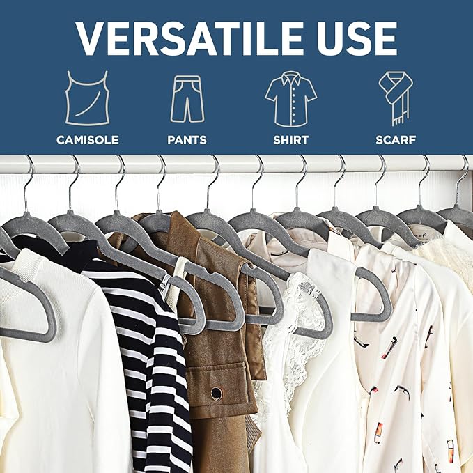 Velvet Non-Slip Hangers - 50 Pieces Non-Slip Coat Hanger Set with 360° Swivel Hook, Space-Saving, Sleek Design, Keep Closet Organized, Smooth Velvet Finish, Lightweight Construction - Gray