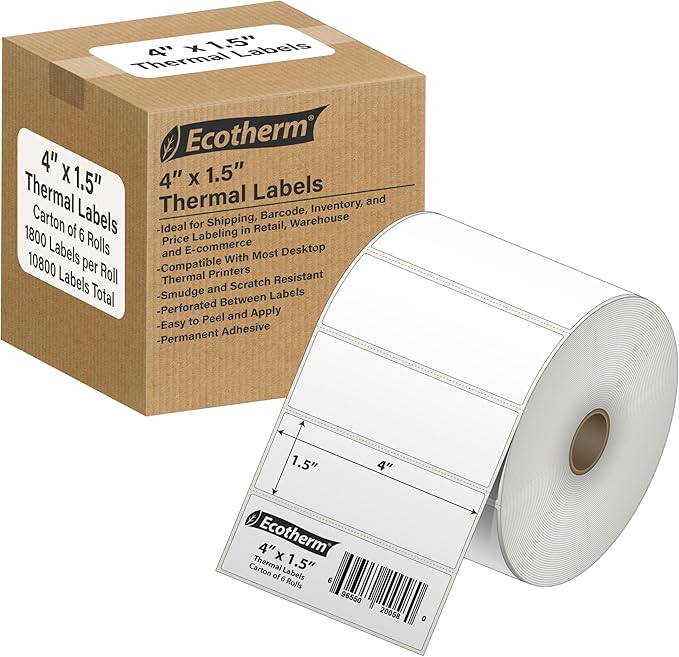 4" x 1.5" Thermal Labels | 6 Rolls | 10800 Labels | fits Zebra, Munbyn, Rollo, Godex, Arkscan, iDPRT, Offnova Thermal Label Printers and More | Blank White Adhesive Stickers by Ecotherm