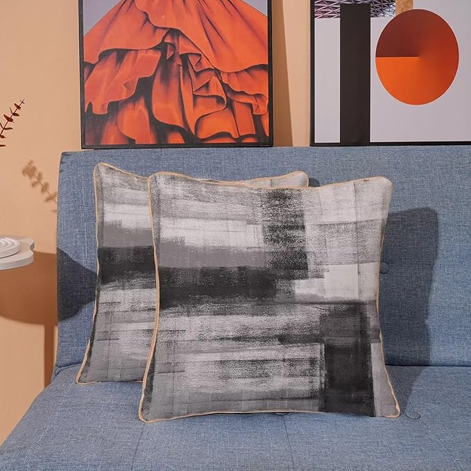 Black Grey Throw Pillow Covers 18x18 Set of 2, Abstract Art Decorative Throw Pillow Covers Modern Abstract Soft Polyester Pillowcase Outdoor Cushion Cover for Sofa Couch Farmhouse Room Bed