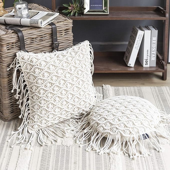 Phantoscope 100% Cotton Handmade Crochet Woven Boho Throw Pillow with Tassel Cute Farmhouse Pillow Insert Included Lumbar Small Decorative Cushion for Couch Sofa, Off White,16 inches Round