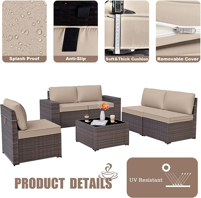 Kurapika 6 Pieces Patio Furniture Set, Rattan Wicker Outdoor Conversation Sets w/4 Inch Cushion and Glass Coffee Table(Sand)