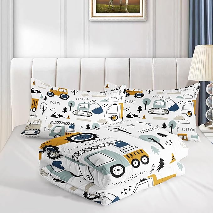 Kids Cartoon Excavator Bedding Set - Construction Truck Bulldozer Tree Pattern Comforter Set with 2 Pillowcases and 1 Comforter (Queen Size)