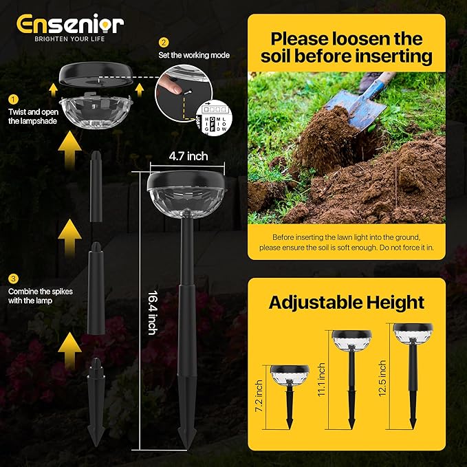 Ensenior 6-Pack Solar Lights Outdoor, Auto ON/Off 6500K LED Solar Garden Lights for Pathway, Yard, Patio, Walkway, Flower Bed, Waterproof, Energy-Efficient Landscape Lighting, Adjustable Height