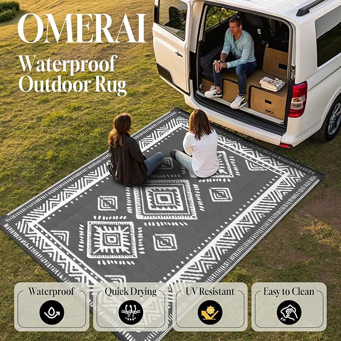 OMERAI Reversible Waterproof Outdoor Rug for Backyard,Plastic Textured Resistant Outdoors Rugs,Portable Washable Easy Cleaning Foldable Camping Beach Carpet for Patio Courtyard, 8'x10' Gray & White