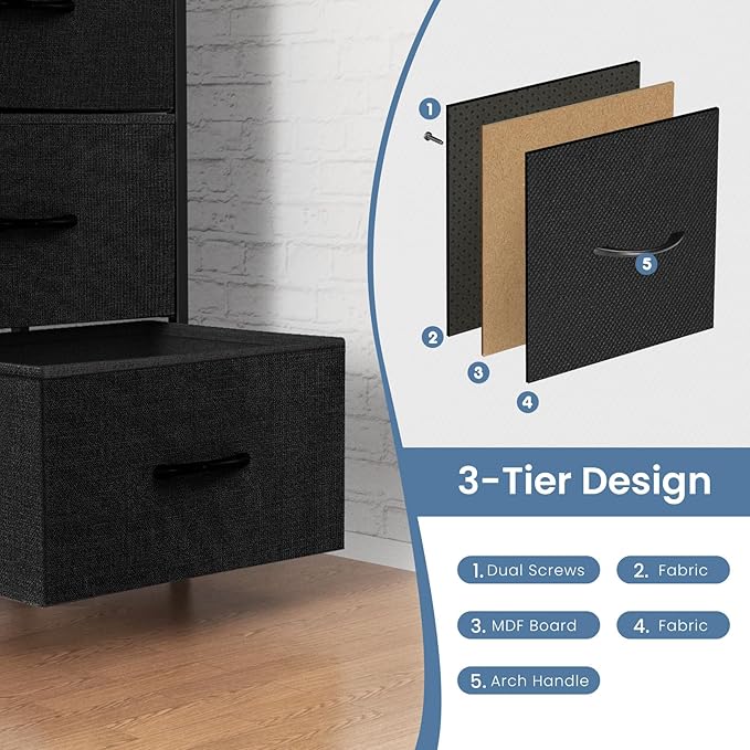 DUMOS TV Stand for Living Room, Dresser for Bedroom Chest of Dresser with 6 Fabric Drawers Storage Organizers Units, Nightstand for Bed, Black
