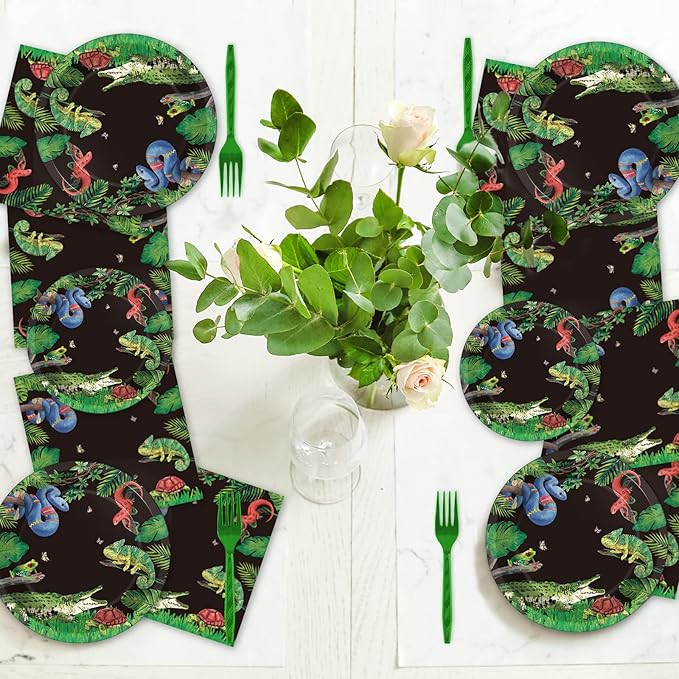 96 Pcs Reptile Snake Party Plates Napkins Tableware Set Lizard Birthday Party Supplies Disposable Paper Dinnerware Jungle Alligator Wildlife Theme Table Decoration Favors for Kids Birthday, 24 Guests