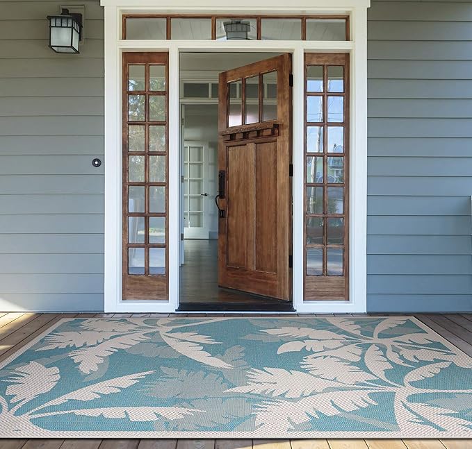 Couristan Monaco Indoor Outdoor Area Rug – Coastal Flora 8'6" x 13' in Ivory Turquoise – Flatwoven, Hose Washable, Pet Friendly Rug for Patio, Porch and Home Decor