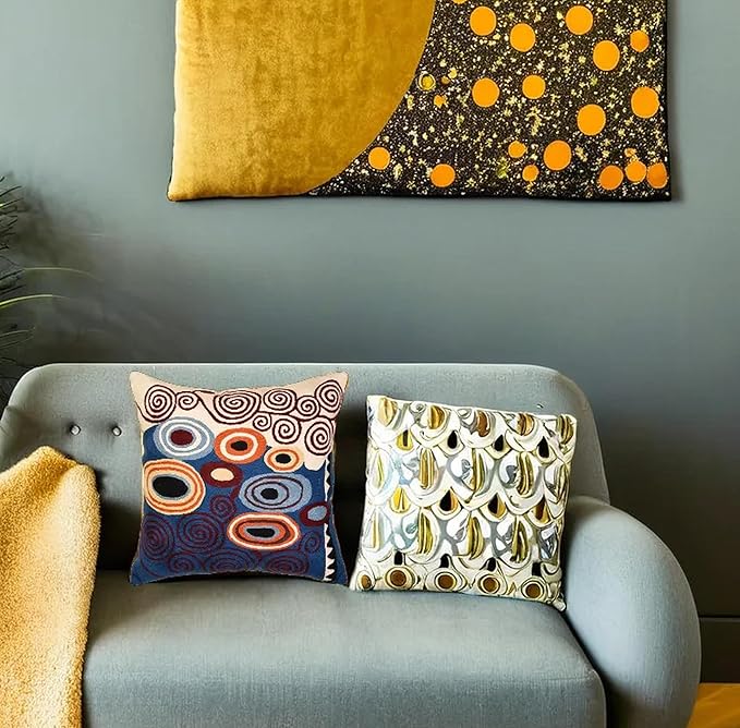 Klimt Blue Decorative Pillow Cover Contemporary Chair Cushion | Modern Blue Sofa Pillowcase | Modern Outdoor Pillows | Mid Century Chair Cushions | Hand Embroidered | Wool Size 18x18