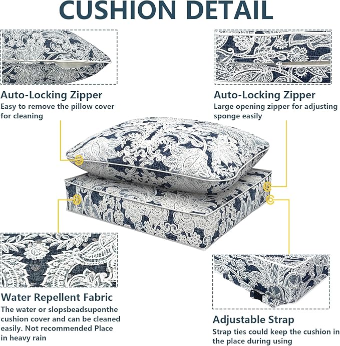 Outdoor Deep Seat Cushions Set 22 x 22 Inch for Patio Furniture,Water Resistant Chair Cushions Replacement Includes Seat Cushion & Back Pillow for Couch Sofa, Wicker Chair - Damask Lapis