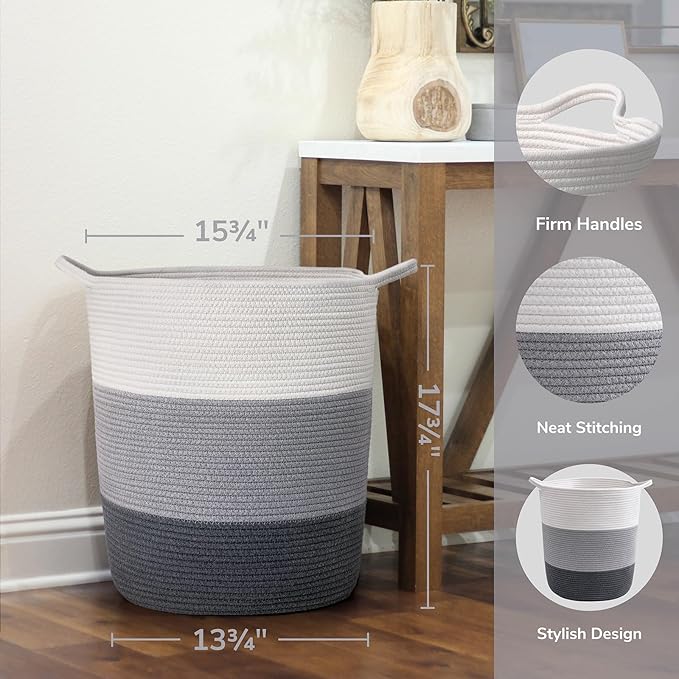INDRESSME Tall Laundry Basket Woven Baby Hamper and Nursery Hamper, Cotton Rope Toy Baskets with 65L Capacity, Large Storage Baskets for Clothes, Blankets, Toys in Living Room, Bathroom, Bedroom