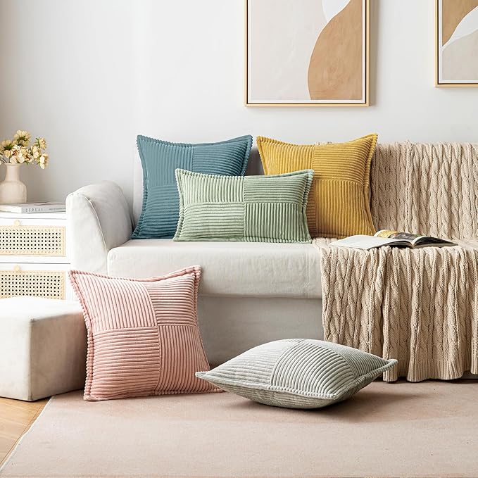 MIULEE Decorative Lumbar Throw Pillow Covers for Couch Bed Livingroom 12x20 Inch Set of 2 Dusty Blue Boho Accent Throw Pllows Broadside Striped Patchwork Soft Corduroy Pillowcases