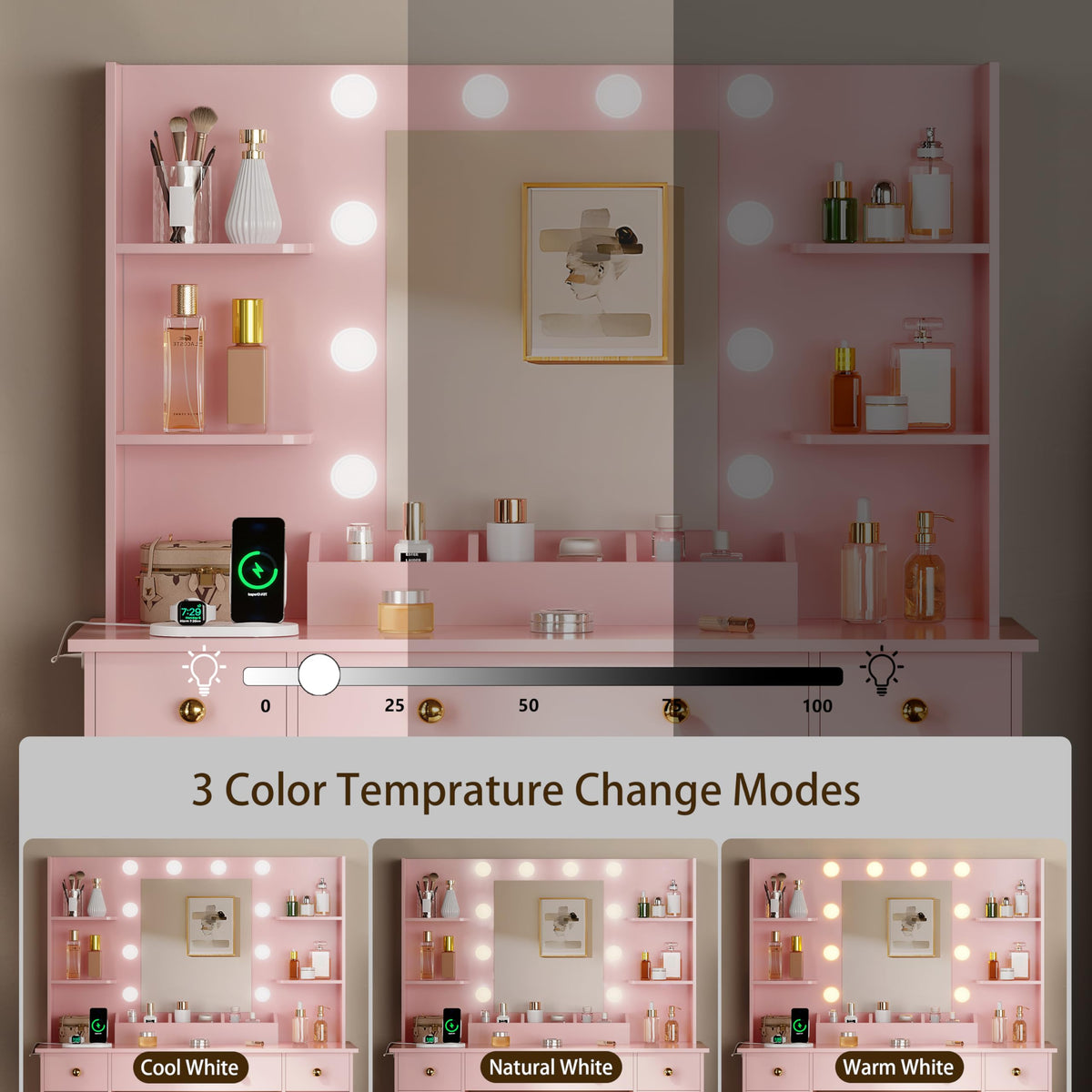 HUANLEGO Vanity Desk with Mirror and Lights,Pink Makeup Vanity with Charging Station & Vanity Stool, 3 Drawers and Cabinets White Vanity Mirror with RGB LED Lights Vanity Desk and Chair for Women