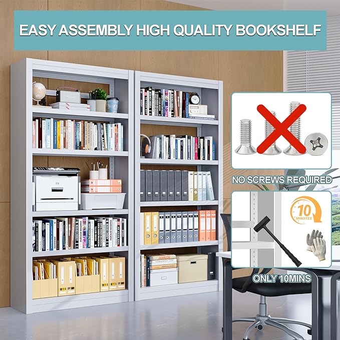 Bookshelf,6-Tier Adjustable Steel Book Shelf,61" H Heavy Duty Metal Bookcase for Home/Office/Garage,White Shelf (White, 61" Tall)