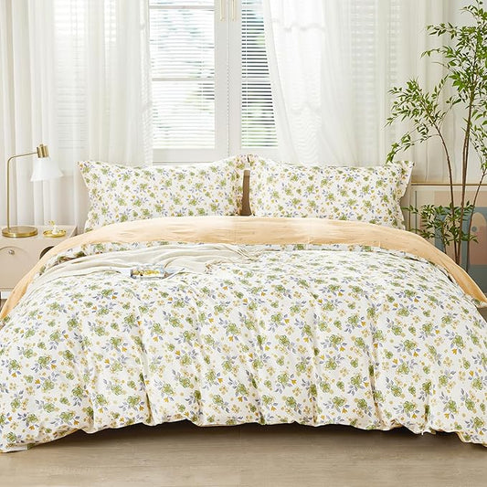 SAPHREAS Green Floral Duvet Cover Set Full Size 3pcs Botanical Blossom Bedding Comforter Cover Set 100% Cotton 1 Duvet Cover 90"x80" 2 Pillow Shams, Comforter Not Included