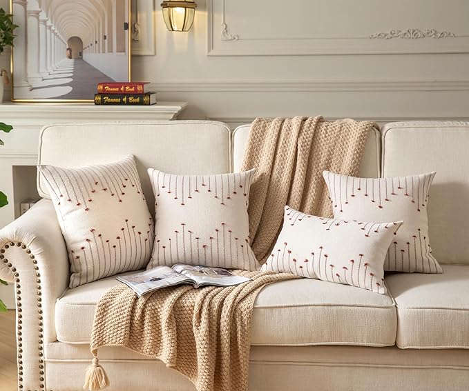 Caflife Boho Throw Pillow Covers 12x20 Set of 2 Decorative Pillows for Bed, Neutral Pillow Covers Beige with Rust Line Throw Pillows for Modern Farmhouse Couch Sofa Living Room Outdoor
