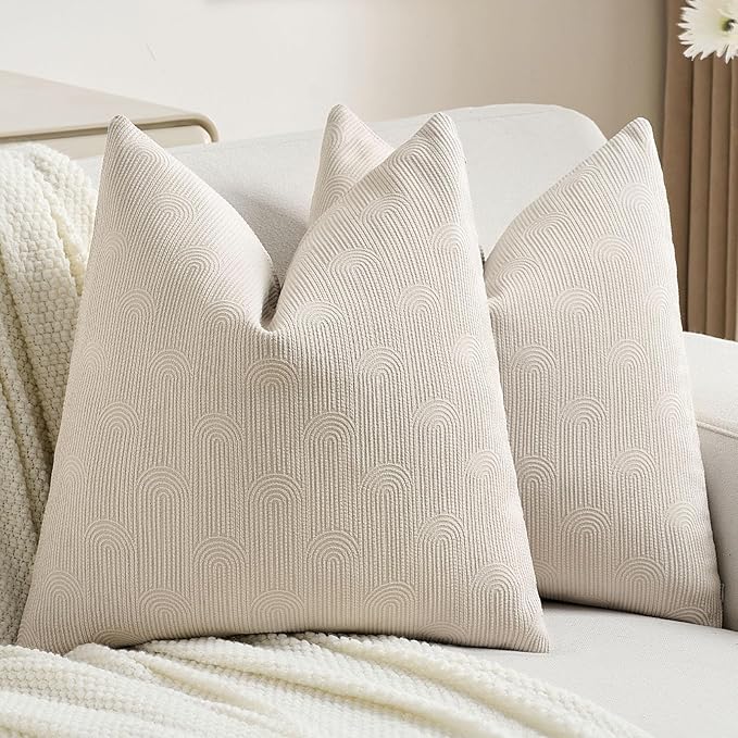 FUTEI Beige Chenille Decorative Throw Pillow Covers 26x26 Inch Set of 2,Soft Cozy Striped Geometric Patterns Euro Pillow Sham,Modern Home Decor for Couch Bed Living Room