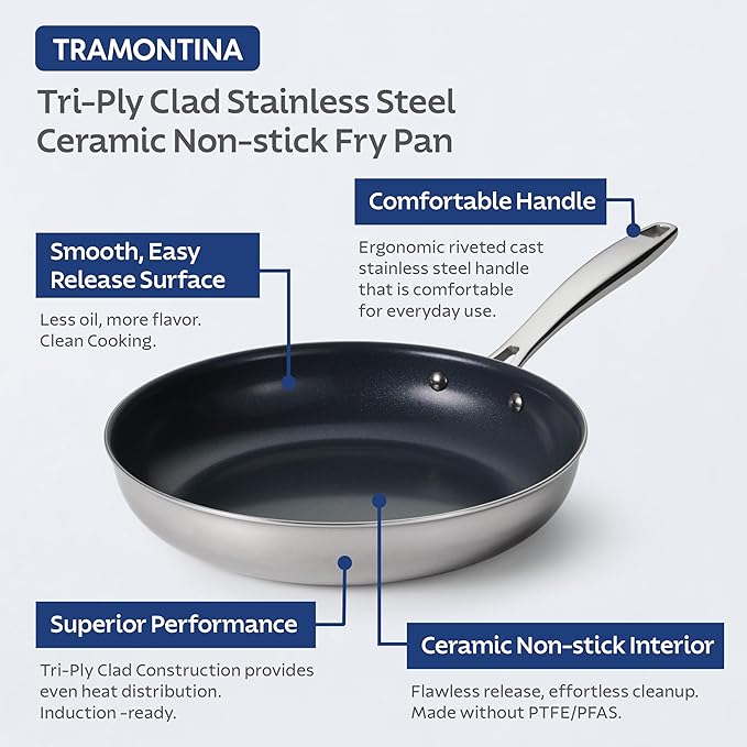 Tramontina Signature 10-Inch Tri-Ply Clad Stainless Steel Frying Pan with Ceramic Non Stick Interior, Induction-Ready Nonstick Skillet, Oven-Safe, Dishwasher-Safe